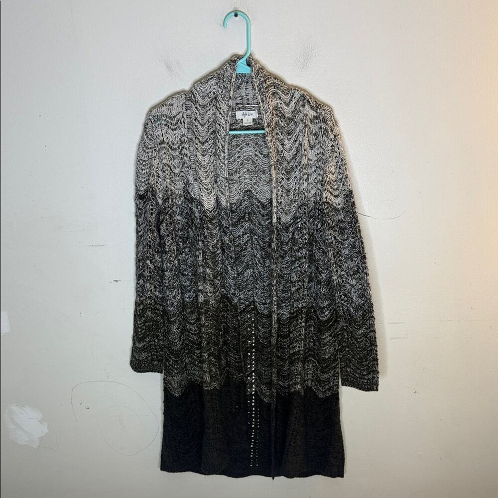Style & Co Gray and Olive Open-Front Knit Mid Length Cardigan Sweater Size Large